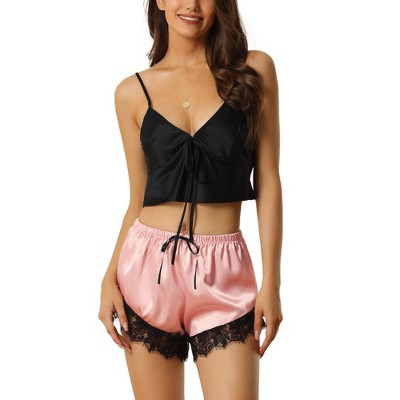 cheibear Women's Silky Satin V-Neck Sleeveless Cropped Cami Top with Shorts Sleepwear Pajama Sets 2 Pcs