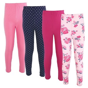 Hudson Baby Infant and Toddler Girl Cotton Leggings 4pk, Pink Navy Floral - 1 of 2