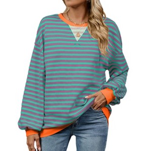 Womens Striped Oversized Sweatshirt Casual Crew Neck Long Sleeve Color Block Stripes Loose Pullover Workout Top Clothes - 1 of 4