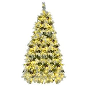6ft Pre-lit Spruce Artificial Christmas Tree Snow Flocked Hinges Tree with Multicolor LED Lights,11 Flashing Modes, Pine Cones - 1 of 4