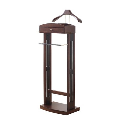 Proman Products Milan Valet Stand with Drawer, Top Tray, Contour Hanger, Trouser Bar, Tie & Belt Hooks and Shoe Rack - VL16226, Dark Walnut