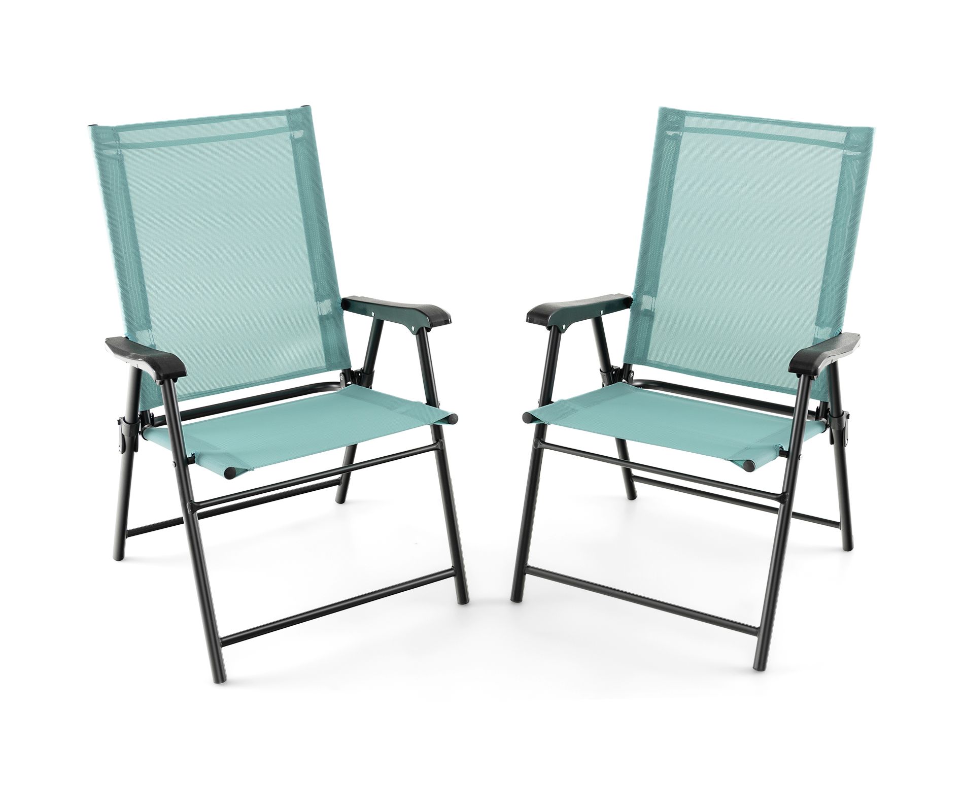 Gymax 2 PCS Patio Folding Chairs Set of 2 Outdoor Sling Chairs w/ Breathable Fabric Back & Seat Portable Dining Camping Chairs Mint Green