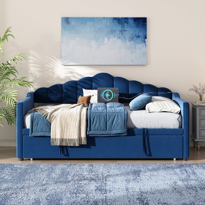 Empire DigiLabs Upholstered Twin Size Daybed with Adjustable Trundle and USB Port and Pockets, Blue