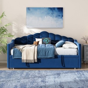 Empire DigiLabs Upholstered Twin Size Daybed with Adjustable Trundle and USB Port and Pockets, Blue - 1 of 4
