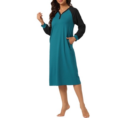 cheibear Women's Long Sleeves Button Up Pajama Dress with Side Pockets