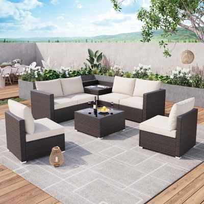 Garvee 8 Pieces Outdoor Patio Furniture Set with Storage, 4 Inch Cushions Outdoor Wicker Rattan Patio Furniture Sectional Set with Glass Table, Brown