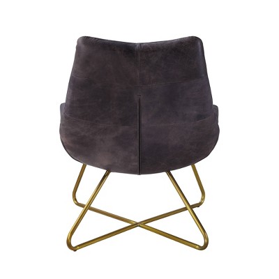 34" Antique Ebony Top Grain Leather & Wood Accent Chair