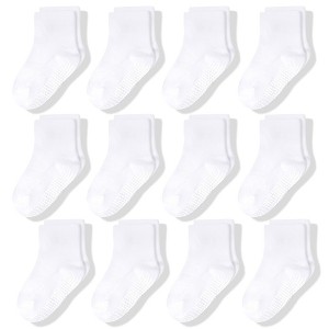 Cozyway Non-Slip Crew Grip Toddler Socks, 12 Pack for Boys & Girls, White, 1-3 Years Old, Unisex - 1 of 4