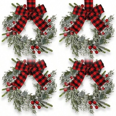 4 Pcs 9 Inch Cabinet Wreaths Red Berry with Red and Black Plaid Bow Farmhouse Holiday Xmas Party Decorations Elegant Style