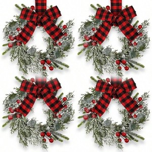 4 Pcs 9 Inch Cabinet Wreaths Red Berry with Red and Black Plaid Bow Farmhouse Holiday Xmas Party Decorations Elegant Style - 1 of 4