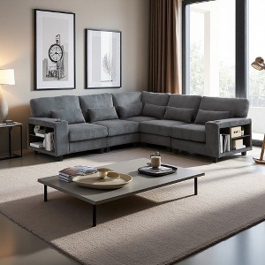 102.75" L-Shaped Modular Corduroy Sectional Sofa, 5-Seater, Storage & Cup Holders - 1 of 4