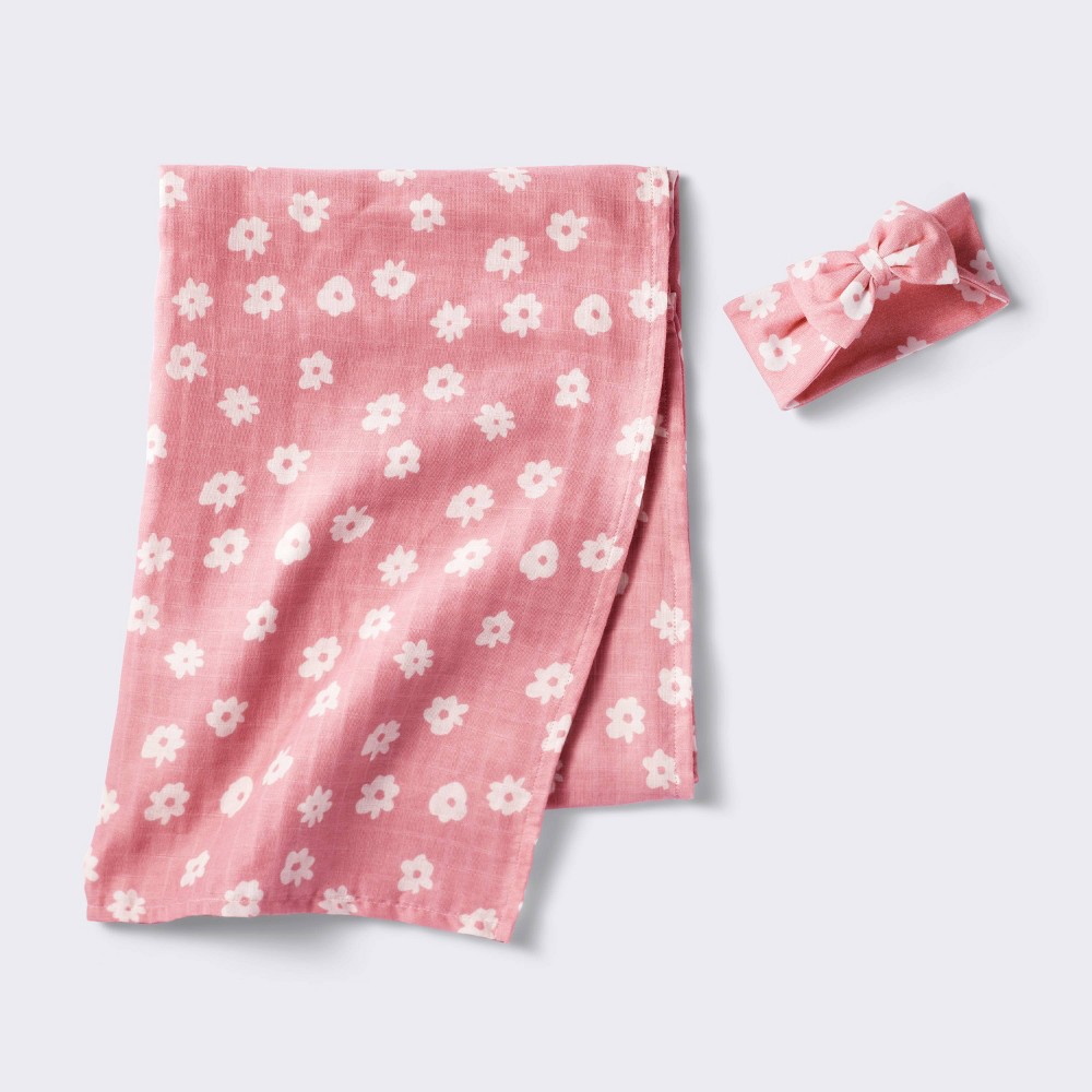 Photos - Children's Bed Linen Hospital Muslin Swaddle and Headwrap Gift Set - Pink - Cloud Island™