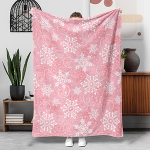 Lomsoe Pink & White Snowflake Flannel Blanket - Soft Flannel All-Season Bedspread/Throw - Cozy Bedding for Christmas, New Year's. - 1 of 4