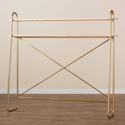 Merida Brushed Gold and Natural Brown Wood 2-Tier Queen Overbed Shelf