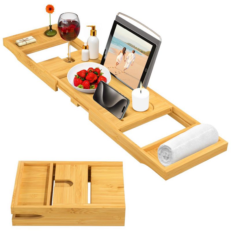 Bamboo Extendable Bathtub Caddy Tray, Cellphone Trays & Integrated Wineglass Holder, 1 of 2