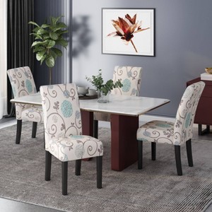 Christopher Knight Home Set of 4 Pertica Contemporary Fabric Dining Chairs Light Beige with Blue Floral: Upholstered, Rubberwood Legs, Polyester - 1 of 4