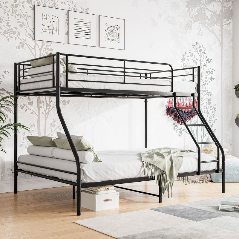 Twin-Over-Full Metal Bunk Bed with Ladder and Enhanced Upper-Level Guardrail, Black-ModernLuxe, 2 of 9