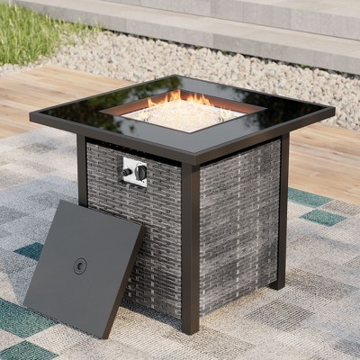 Sonkuki 28 Inch 50,000 BTU Outdoor Wicker Patio Gas Fire Pit Table w/Tempered Glass Tabletop, Clear Glass Rocks, and Lid