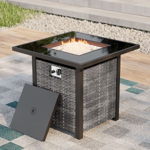 Sonkuki 28 Inch 50,000 BTU Outdoor Wicker Patio Gas Fire Pit Table w/Tempered Glass Tabletop, Clear Glass Rocks, and Lid - 1 of 4