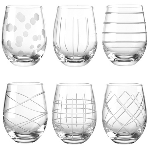 Fifth Avenue Medallion Stemless Wine Crystal Glass Set of 6, 17 oz, Various  Etched Patterns, Texture Goblet Cups, Glasses for Wine, Clear