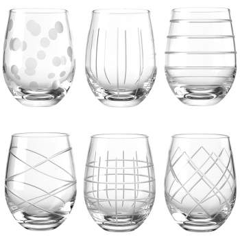 Fifth Avenue Medallion Stemless Wine Crystal Glass Set of 6, 17 oz, Various Etched Patterns, Texture Goblet Cups, Stemless Goblets for Wine