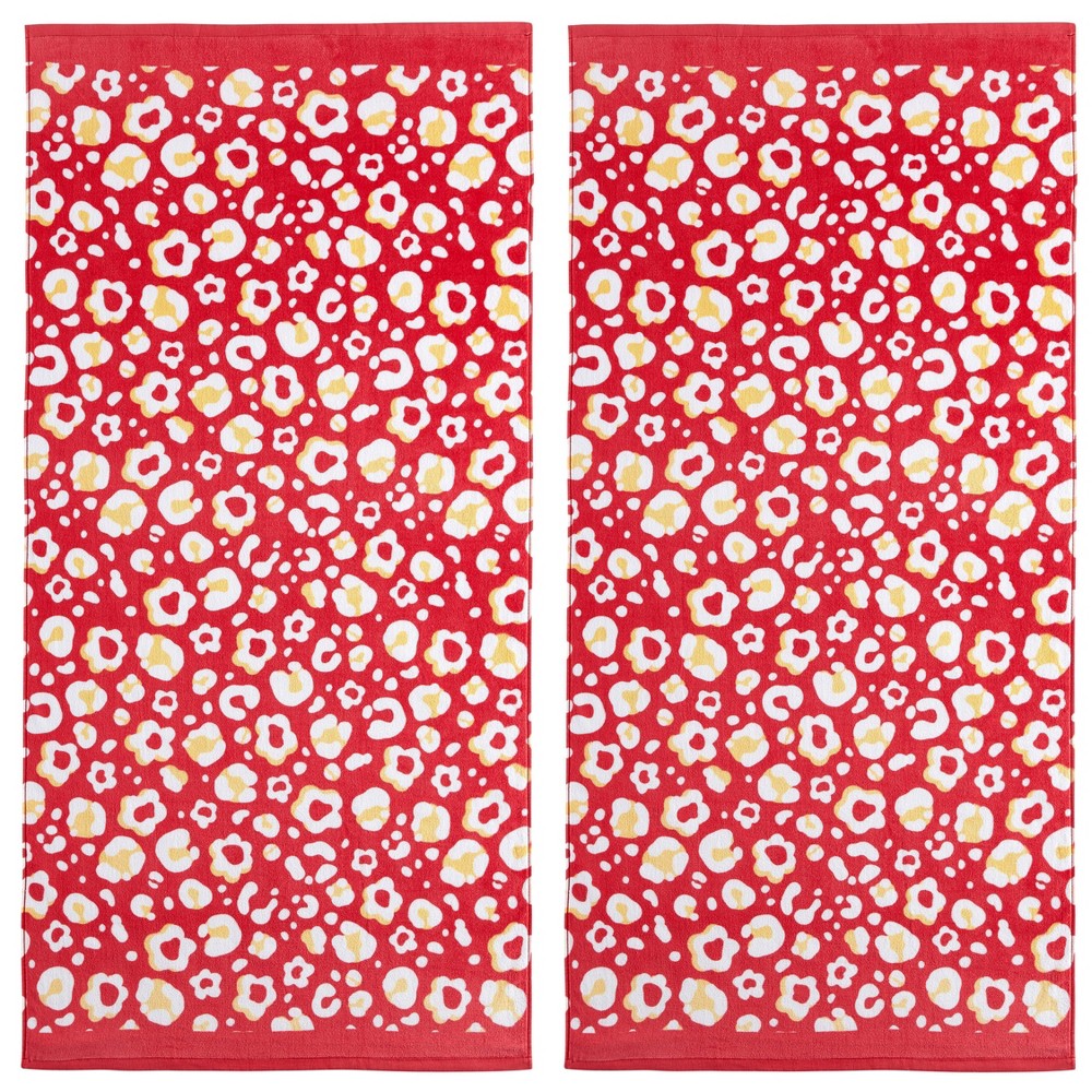 2pk Animal Fiber Reactive Printed Beach Towels Coral - Mudd: Cotton Terry, Lightweight, Machine Washable