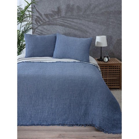 Sussex Home Muslin Blanket 4 Layers, Soft Bedspread, 100% Turkish Cotton Muslin Bed Cover, Reversible Coverlet, Indigo Blue, 91x95, Queen Size