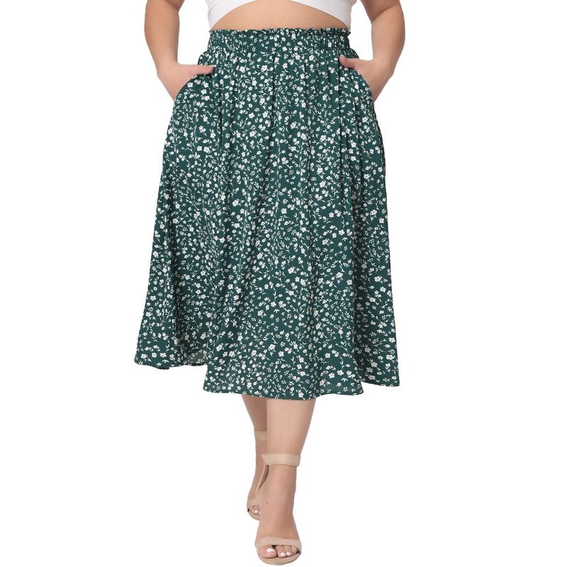 Agnes Orinda Women's Plus Size Pleated Elastic High Waist Casual Pockets Swing Floral Midi A Line Skirt, 2 of 6