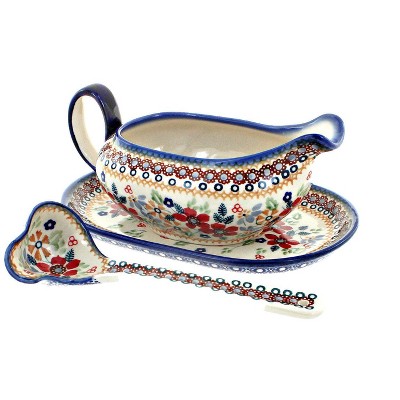 Blue Rose Polish Pottery S119 Manufaktura Gravy Boat Plate & Ladle
