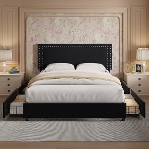 VECELO Upholstered Platform Bed Frame Platform with 4 Storage Drawers, Adjustable Velvet Rivets Headboard - 1 of 4