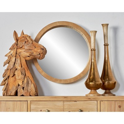 24" Round Natural Brown Wood Wall Mirror