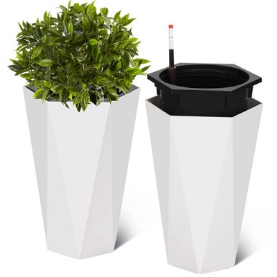 22.5 Inch Tall Outdoor Planters Set of 2,Self Watering Pots for Indoor Plants w/Water Level Monitor & Drainage Hole&Wheels,Large Planter Pots,White