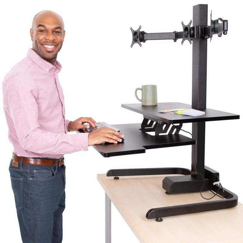 Techtonic Electric 3 Arm Monitor Mount Standing Desk - Sit to Stand Desk Converter with Keyboard Tray – Black – Stand Steady, 2 of 12