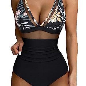 Women One Piece Swimsuits Mesh Tummy Control Swimsuit Push Up High Waisted Swimdress Bathing Suit - 1 of 4