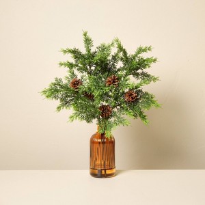 22" Cedar and Pinecones in Ribbed Amber Vase Artificial Arrangement - Hearth & Hand™ with Magnolia - 1 of 3