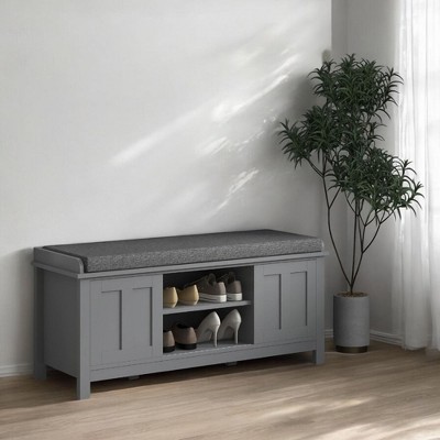 Alilang 44.00 inches Upholstered Entryway Bench with Hidden Storage and Open Shelves-Gray