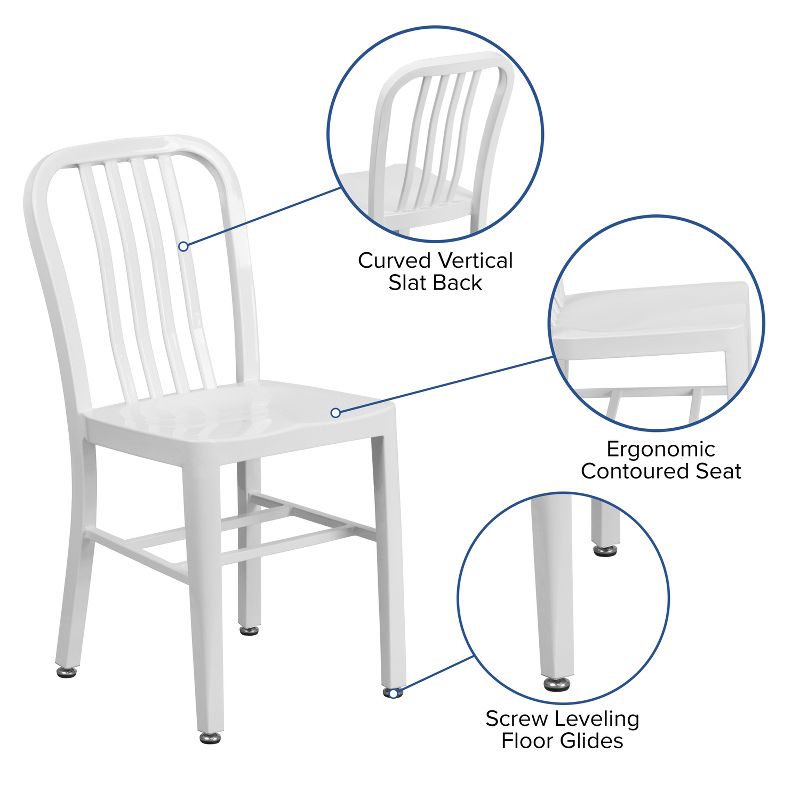 Merrick Lane 18 Inch White Galvanized Steel Indoor/Outdoor Dining Chair with Slatted Back and Powder Coated Finish, 6 of 13