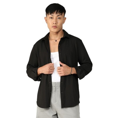 Campus Sutra Men Men's Onyx Black Stripe-Creased Shirt