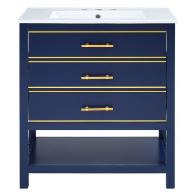 Vynxaria Modern 30inch Navy Blue/White Bathroom Vanity Cabinet Combo with Open Storge, Two Drawers