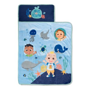 NoJo CoComelon "Love The Ocean" Toddler Nap Mat - Includes Attached Pillow and Fleece Blanket, Light Blue, and Navy - 1 of 4