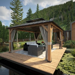 EAGLE PEAK Double Metal Roof with Cedar Wood Frame Hardtop Gazebo with Netting and Curtains - 1 of 4