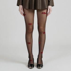 Anna-Kaci Women's Sheer Tights with Embroidered Lip Pattern Design - Black - 1 of 4