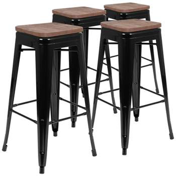 Merrick Lane Set of Four Metal Backless Wood Square Seat Bar Stools With Cross Braces