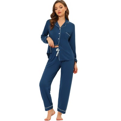cheibear Women's Long Sleeves Button Down Top with Pants Lounge Pajamas Set