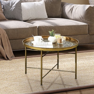 Gold Hammered Metal Round Coffee Table with Floral Pattern, 24"