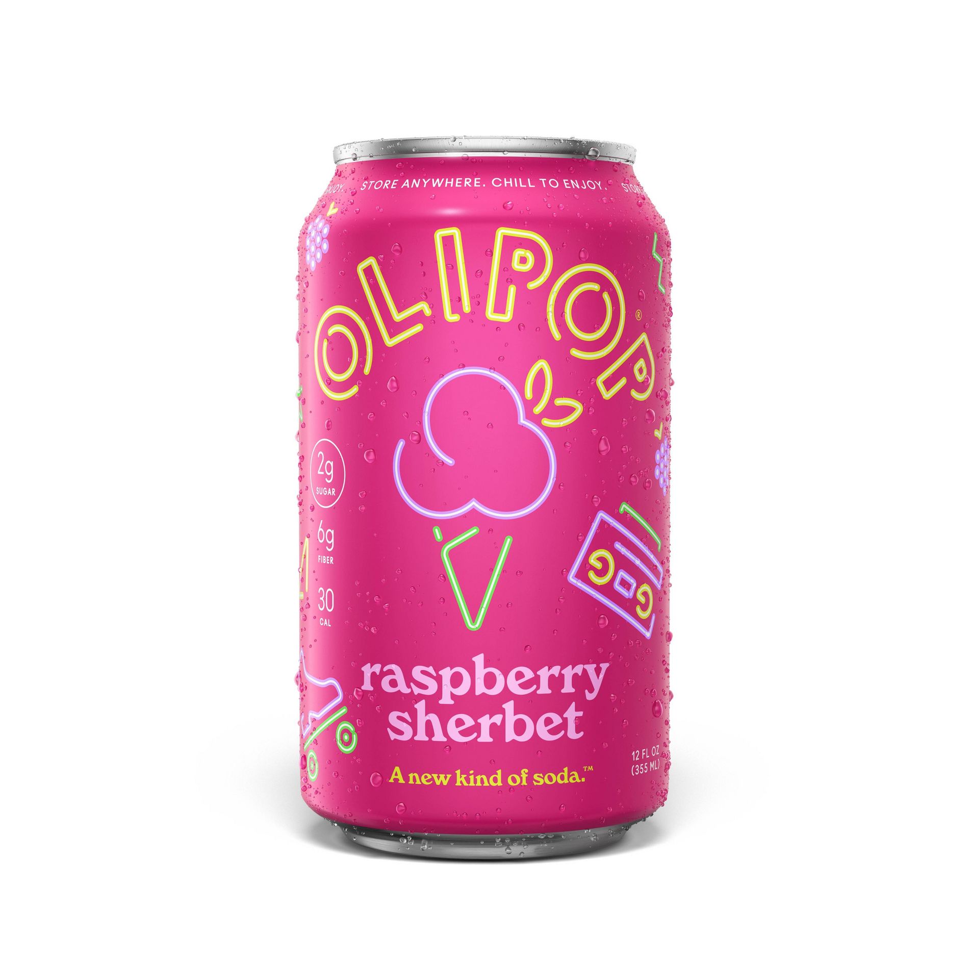 OLIPOP 6g Fiber Prebiotic Soda, Raspberry Sherbet - 12 fl oz Can