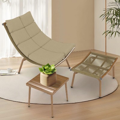 Nellie Wood-Color Alloy Frame Chaise Lounge with Ottoman, Patio Chair with Table and Cushions, 380lbs Capacity, Outdoor Furniture - Maison Boucle