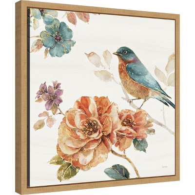 Floral and Bird Nature Print on Canvas with Wooden Frame