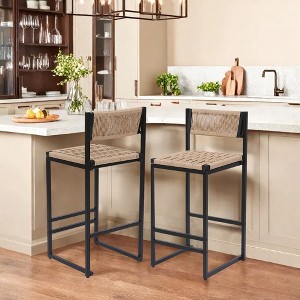 LOVSON Kitchen Bar Stools with Footrest Set of 2 Paper Rope Weave Dining Chairs Counter Height Barstool,Honey+Black,14.96"(L) x 15.15"(W) x 34.84''(H) - 1 of 4