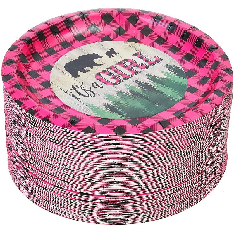 Sparkle and Bash 80-Pack It's a Girl Party Supplies, Pink Buffalo Plaid Disposable Plates Baby Shower, Gender Reveal, 5 of 6
